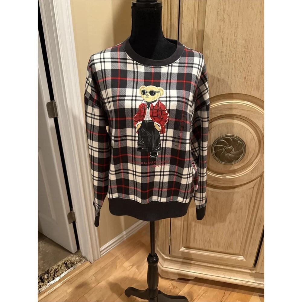 NWT Polo Ralph Lauren Plaid Polo Bear Fleece Sweatshirt Women’s XXL Limited Ed - Picture 3 of 4